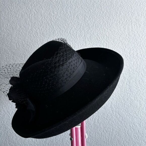 Women's Black Wide Brim Derby Hat Floral Veil Feather Wedding Vintage - Picture 5 of 5